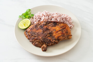 spicy grilled Jamaican jerk chicken with rice
