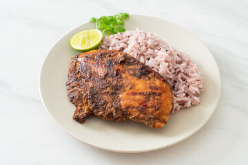 spicy grilled Jamaican jerk chicken with rice