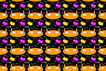 Seamless wallpaper with cute pattern, cat face pattern with mackerel herringbone, black background.