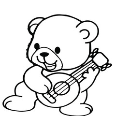 Black and white cute cartoon baby elephant playing music. Coloring book for the children. Vector illustration