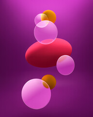 Cápsulas y esferas 3D flotando sobre un fondo morado, arte abstracto