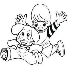 Black and white cute cartoon baby and rabbit. Coloring book for the children. Vector illustration