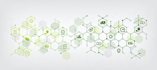 Sustainable business or green business vector illustration background. with connected icon concepts related to environmental protection and sustainability in business and hexagon - obrazy, fototapety, plakaty