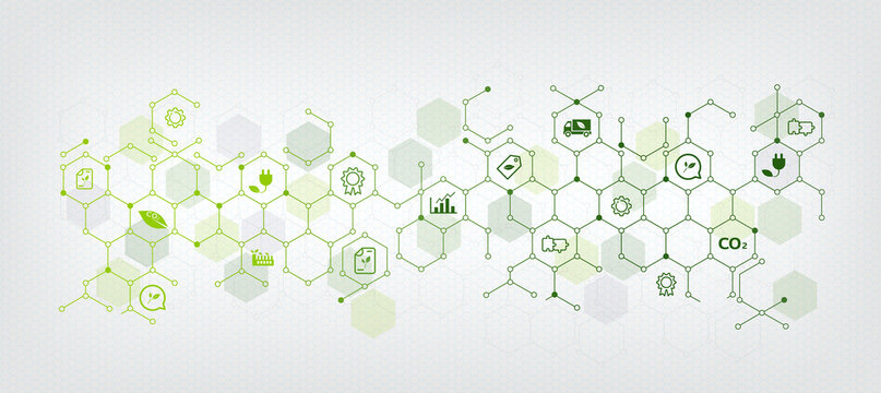 Sustainable business or green business vector illustration background. with connected icon concepts related to environmental protection and sustainability in business and hexagon