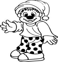 Black and white cute cartoon boy walking and smiling happily. Coloring book for the children. Vector illustration