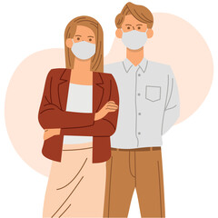 Wear mask, Couple wearing medical masks to prevent disease, virus, urban air pollution, flat style vector illustration.