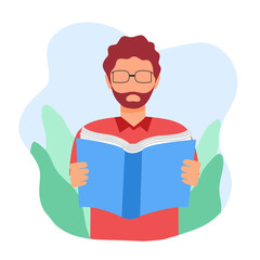I love reading concept vector illustration on white background. Man enjoy reading book in flat design. Bookworm.