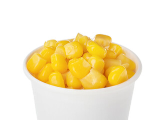 Paper cup of corn kernels on white background