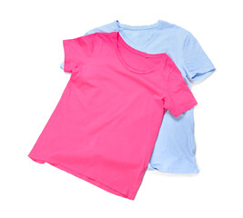 Stylish t-shirts on white background