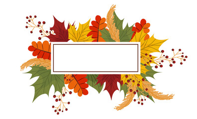 Autumn frame with a place for text and colorful leaves, maple and ash. Vector illustration for brochures and banners. Bright frame, autumn composition