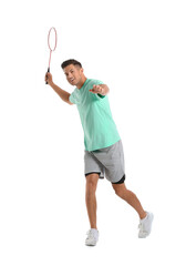 Sporty male badminton player on white background