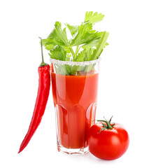 Glass of bloody mary cocktail garnished with cilantro, red chili pepper and tomato on white background