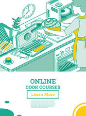 Woman Watches Cooking Channels. Isometric Online Cook School. Woman Cooking Soup on the Electric Stove.