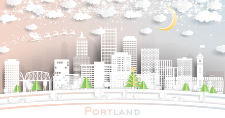 Portland Oregon City Skyline in Paper Cut Style with Snowflakes, Moon and Neon Garland.