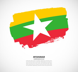 Hand drawn brush flag of Myanmar on white background. Independence day of Myanmar brush illustration