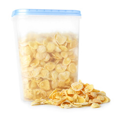 Container with tasty cornflakes on white background