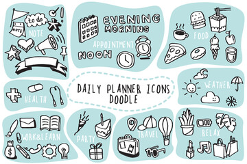 Vector illustration of agenda icons in doodle hand drawn lines. Minimal simple drawing sketch of diary note icons concept contains of note appointment food health weather work&learn party travel relax