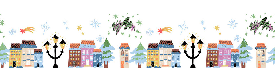 Houses in snow, cozy exterior on Christmas Eve, winter cityscape seamless border. Old European building facades set.