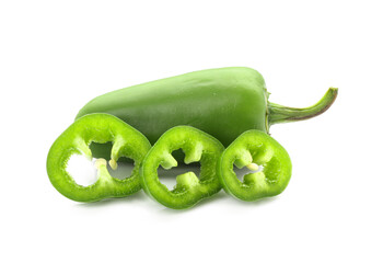 Green jalapeno pepper and slices on white background