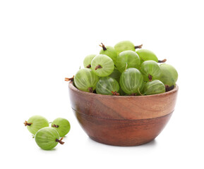 Bowl with fresh ripe gooseberry on white background