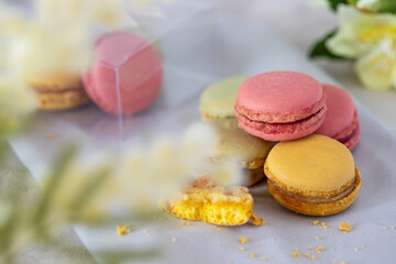 Colorful macaroons on a napkin with flowers around 