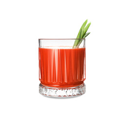 Glass of tasty tomato juice on white background