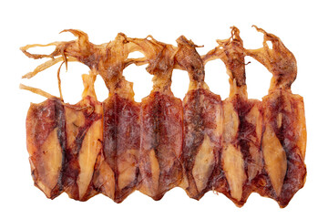 dried squid and tentacle arranged in a row isolated on a white background, Bringing squids to dry...