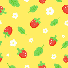 Strawberry seamless pattern with white flowers. Strawberries leaves  randomly located on a yellow background. Small Strawberry with leaf pattern for fabric, paper, textile, cover, notebook. Vector.