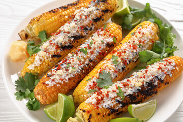 Elotes, Grilled Mexican Street Corn on a plate