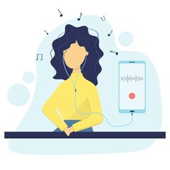 The girl listens to music with headphones. Melomaniac, music lover, fan. Woman enjoying songs in headset via smartphone, Flat vector illustration