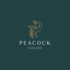 Peacock line art elegant gold color logo icon design template flat vector illustration