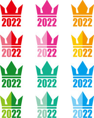 2022の数字入りのカラフルなクラウンアイコン　ベクターセット