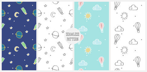 illustration of repeat pattern seamless concept of cute hand drawn day and night icons contain of Uranus, falling star, stars, moon, sun, cloud and hot air balloon. Vector.