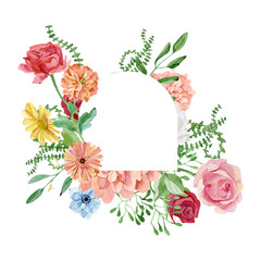 Beautiful floral frame with watercolor red rose, blush chrysanthemum. Greenery branches and leaves composition. Wild flower botanical illustration for greeting cards, wedding invitation,baby shower.