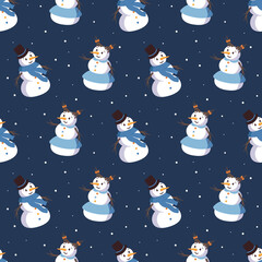Seamless pattern with cute smiling snowmen. Merry holiday print, New Year decorations. Winter and festive background