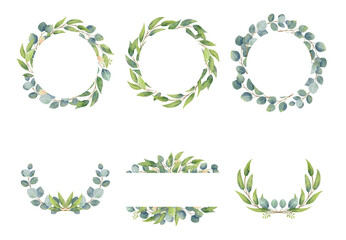Eucalyptus branches wreaths with watercolor style. Wedding greenery in circle decorative design elements.