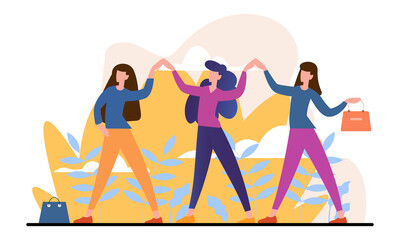 Confident female characters standing together. Concept of strong females entrepreneurs support each other. Equitable participation of women in politics and business. Flat cartoon vector illustration