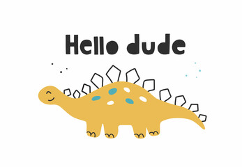 Cute dinosaur in flat style. Handwritten lettering 