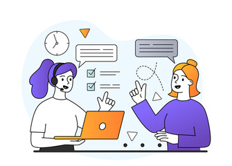 Young female character is working in customer support. Concept of online customer assistance service, call center operator. Woman at office workplace. Flat cartoon vector illustration