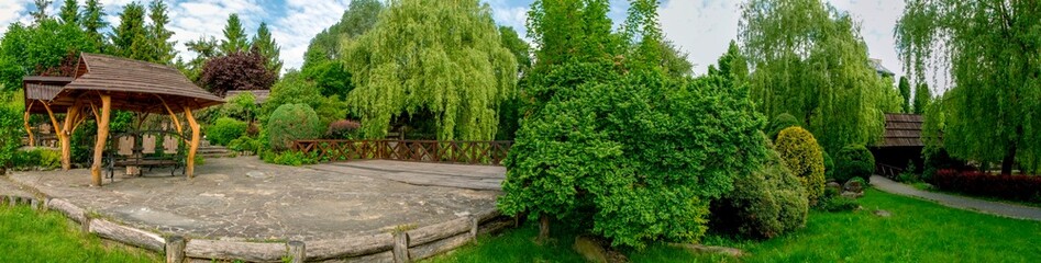 Park in spring - panoramic view, flowers