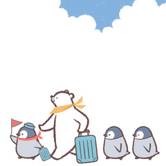 Obraz na płótnie Canvas シロクマとペンギンヒナたちと青空のフレーム