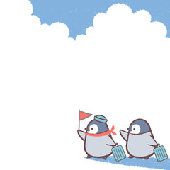 ツアーコンダクターのペンギンヒナとペンギンヒナと青空のフレーム