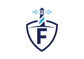 Initial F monogram alphabet in a shield with the lighthouse. Harbor logo. Font emblem. Modern vector lighthouse logo for business, organization, or website