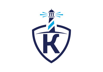 Initial K monogram alphabet in a shield with the lighthouse. Harbor logo. Font emblem. Modern vector lighthouse logo for business, organization, or website