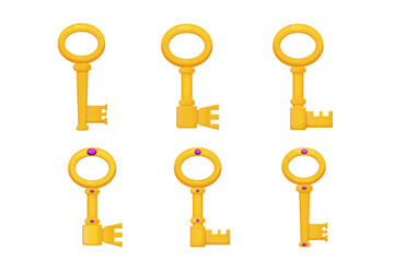 Set golden ancient key decorated with gems in cartoon style isolated on white background. Fantasy castle, ui game asset. 