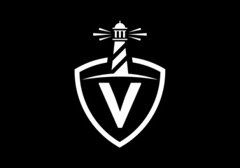 Initial V monogram alphabet in a shield with the lighthouse. Harbor logo. Font emblem. Modern vector lighthouse logo for business, organization, or website