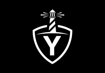 Initial Y monogram alphabet in a shield with the lighthouse. Harbor logo. Font emblem. Modern vector lighthouse logo for business, organization, or website