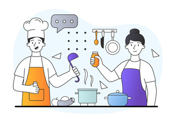 Happy male and female characters in apron are mixing ingredients to make a meal together. Smiling people cooking dessert at kitchen table on white background. Flat cartoon vector illustration
