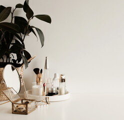 Women's accessories and cosmetics on the table with copy space. Lifestyle, personal care background .Neutral colors
