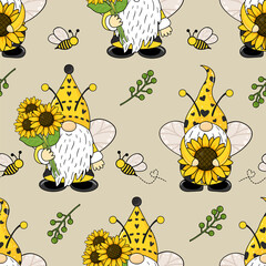 Seamless pattern with gnomes, bees and sunflowers. Cute baby print. Seamless pattern with gnomes.